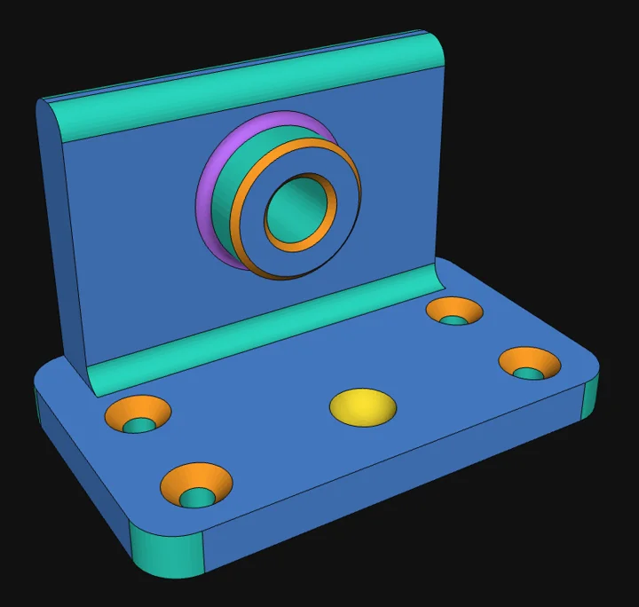 The same bracket after Mesh2Solid: planes, cylinders, cones, a torus and a sphere in colour