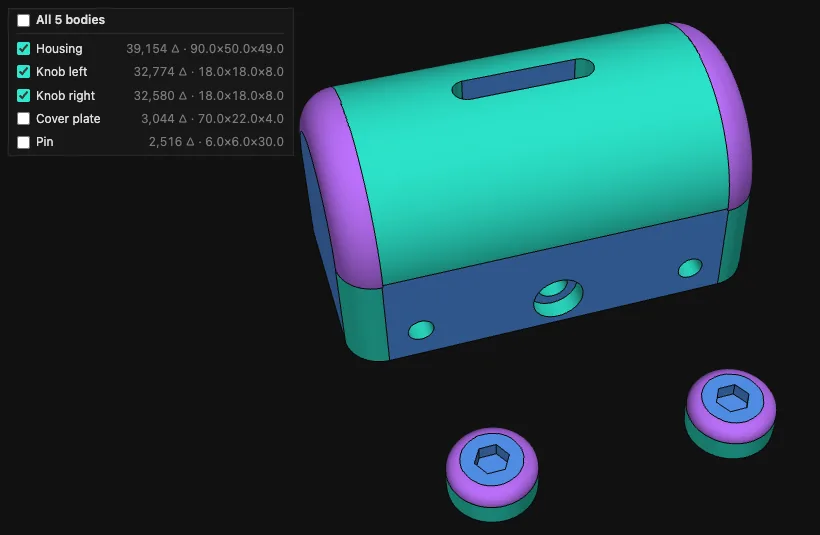 Model made of 5 bodies, cover plate and pin hidden, body list with renamed parts