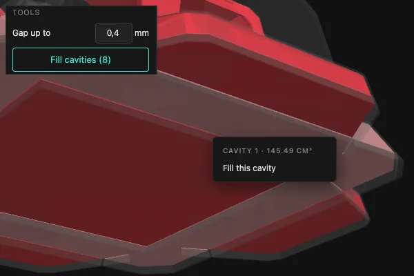 Part of a see-through model with red cavities, menu Fill this cavity and the tools with the gap width