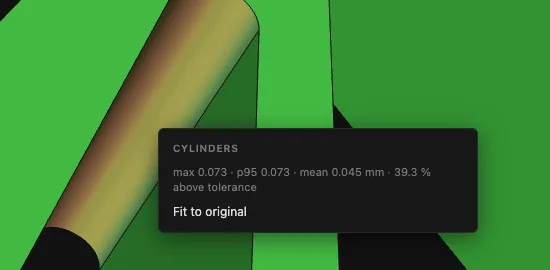 Click menu of the cylinder: max 0.073 mm, 39 % above tolerance, entry Fit to original