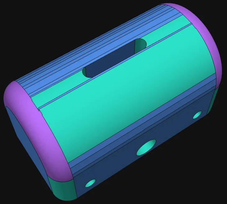 Housing lid: next to the turquoise cylinder many narrow blue plane strips
