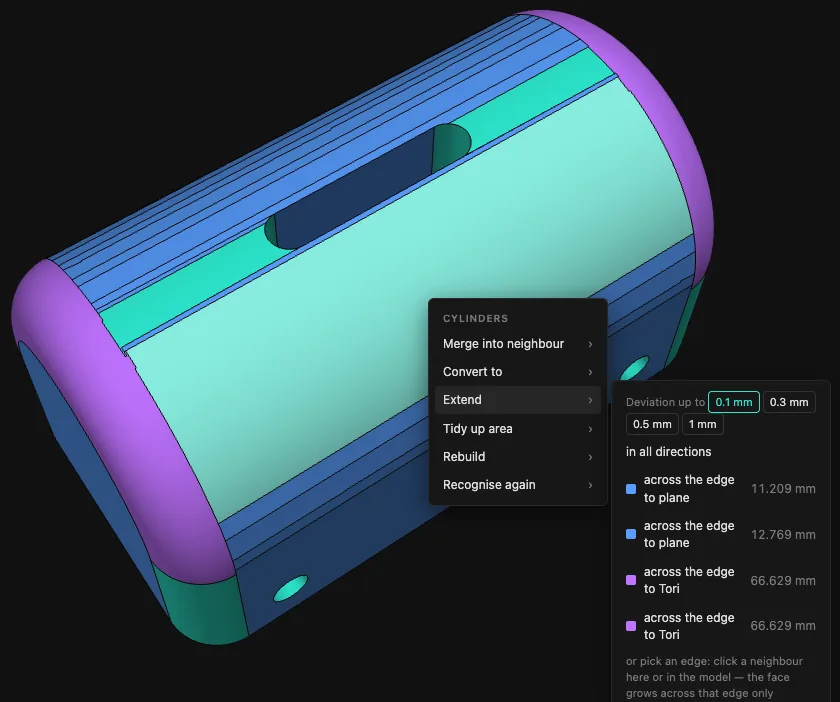 Extend submenu with deviation 0.1 to 1 mm, in all directions and the edges to the neighbours