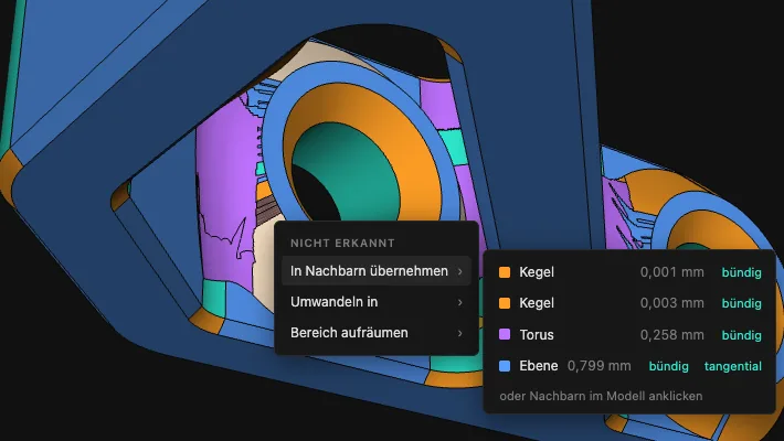 Klickmenü einer nicht erkannten Fläche mit der Liste ihrer Nachbarflächen und deren Abweichung