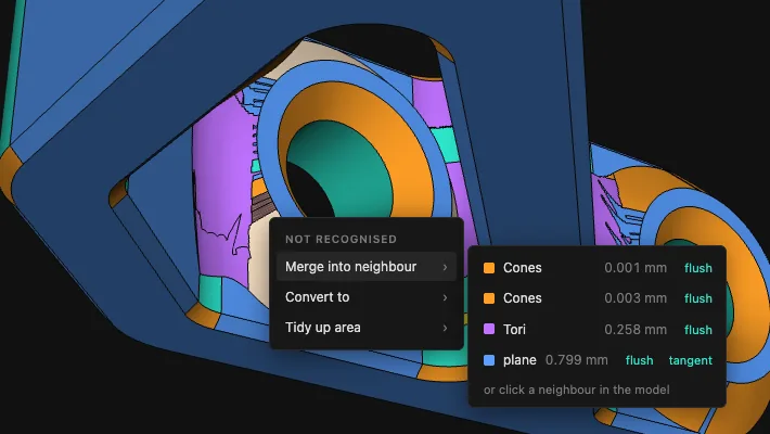 Click menu of an unrecognised face listing its neighbouring faces and their deviation