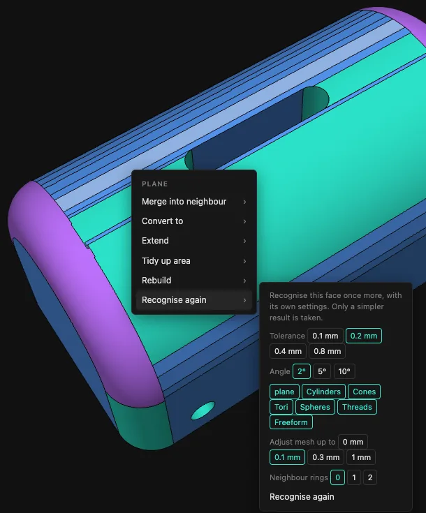 Recognise again submenu with tolerance, angle, kinds of shape, mesh adjustment and neighbour rings