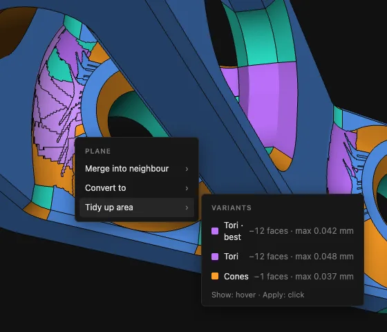 Submenu Tidy up area with three variants, the best one marked